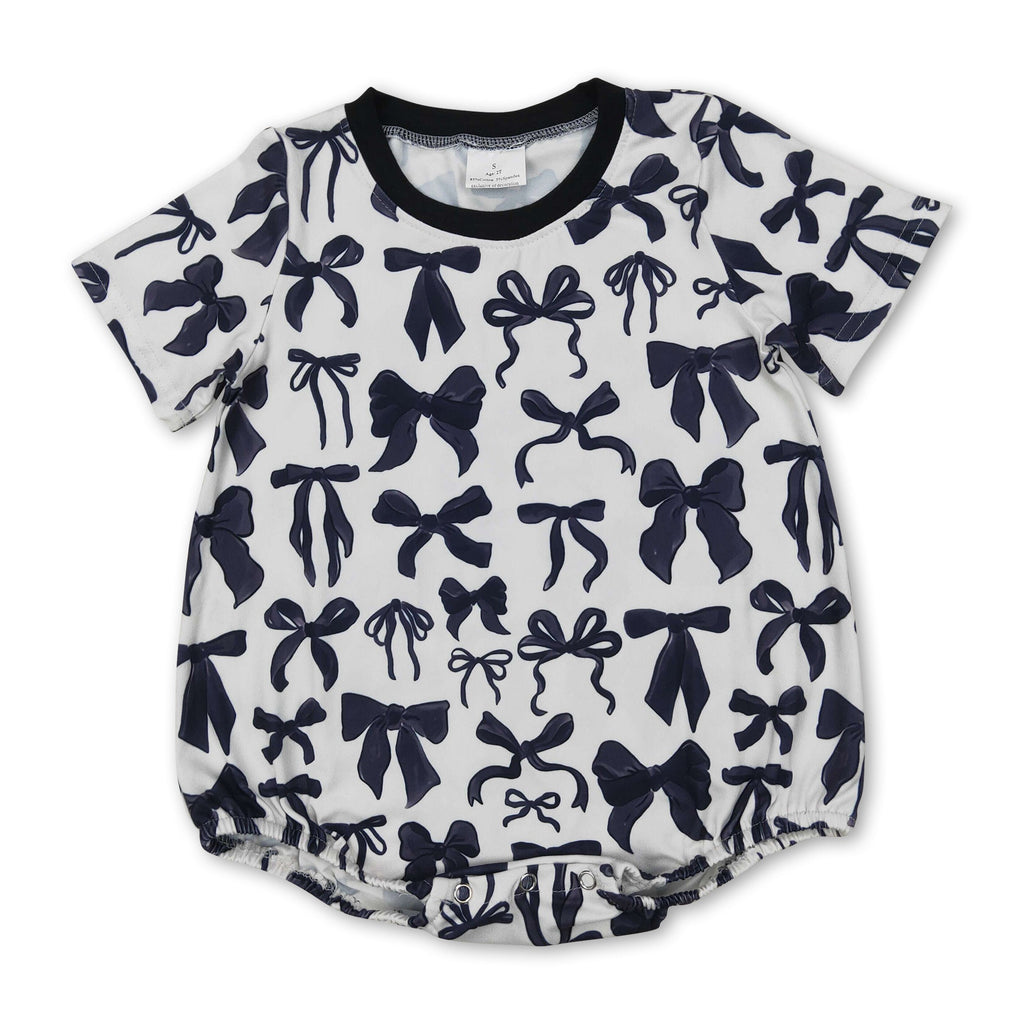 Short sleeves black bow baby girls summer romper