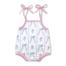 Load image into Gallery viewer, Pink straps floral light blue bow baby girls romper