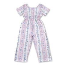 Load image into Gallery viewer, Short sleeves pink bow floral pockets girls jumpsuit