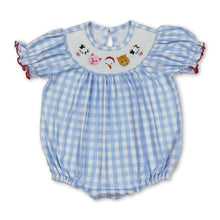 Load image into Gallery viewer, Short sleeves blue plaid cow pig chicken baby girls romper