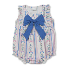 Load image into Gallery viewer, Blue bow stripe floral ruffle baby girls summer romper