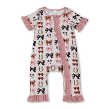 Load image into Gallery viewer, Pink ruffle cow print bow western baby zipper romper