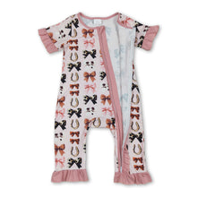 Load image into Gallery viewer, Pink ruffle cow print bow western baby zipper romper