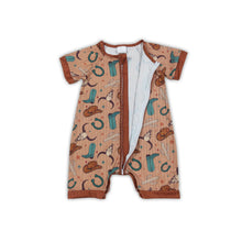 Load image into Gallery viewer, Short sleeves brown bull skull western baby zipper romper