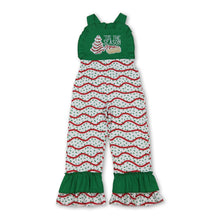 Load image into Gallery viewer, Green ruffle straps 'Tis the season Christmas tree cake girls jumpsuit
