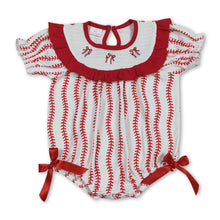 Load image into Gallery viewer, Short sleeves baseball bow smocked baby girl romper