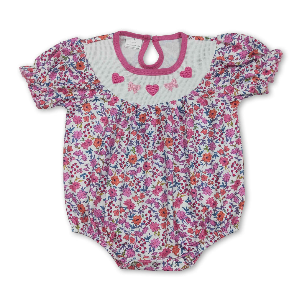 Heart bow smocked floral girls Valentine's romper