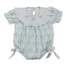 Load image into Gallery viewer, Short sleeves light blue bow smocked floral baby girls romper