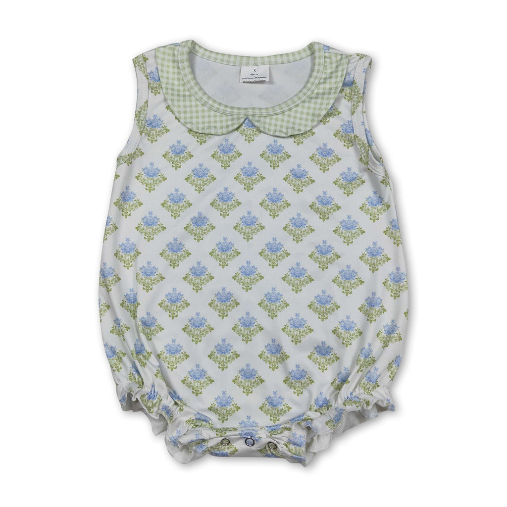 Sleeveless green light blue floral baby girls summer romper