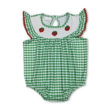 Load image into Gallery viewer, Flutter sleeves green plaid strawberry baby girls romper