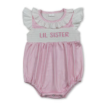 Load image into Gallery viewer, Flutter sleeves LIL SISTER smocked stripe baby romper