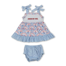 Load image into Gallery viewer, American girl flag floral bow baby girls 4th of july bummies set