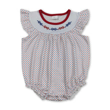 Load image into Gallery viewer, Red blue bow embroidery polka dots girl 4th of july romper