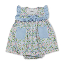 Load image into Gallery viewer, Light blue ruffle floral pockets baby girls romper