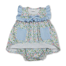 Load image into Gallery viewer, Light blue ruffle floral pockets baby girls romper