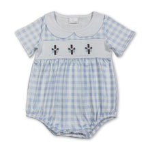Load image into Gallery viewer, Light blue plaid cross embroidery baby boy Easter romper