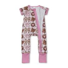 Load image into Gallery viewer, Pink short sleeves bow cow baby girls zipper romper
