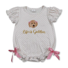 Load image into Gallery viewer, Polka dots life is golden dog bow baby girls romper