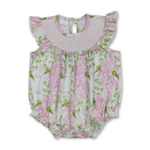 Load image into Gallery viewer, Flutter sleeves smocked pink floral baby girls romper