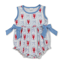 Load image into Gallery viewer, Sleeveless crawfish light blue bow baby girls romper