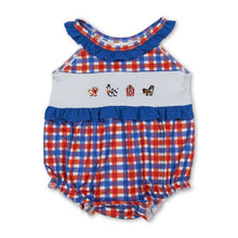 Load image into Gallery viewer, Blue ruffle farm embroidery plaid baby girl romper
