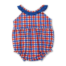 Load image into Gallery viewer, Blue ruffle farm embroidery plaid baby girl romper