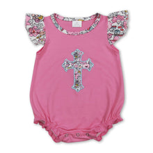 Load image into Gallery viewer, Flutter sleeves floral cross embroidery baby Easter romper