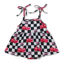 Load image into Gallery viewer, Straps black plaid cherry bow baby girls summer romper