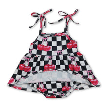 Load image into Gallery viewer, Straps black plaid cherry bow baby girls summer romper