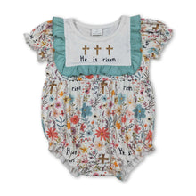 Load image into Gallery viewer, He is risen cross ruffle floral baby girls Easter romper