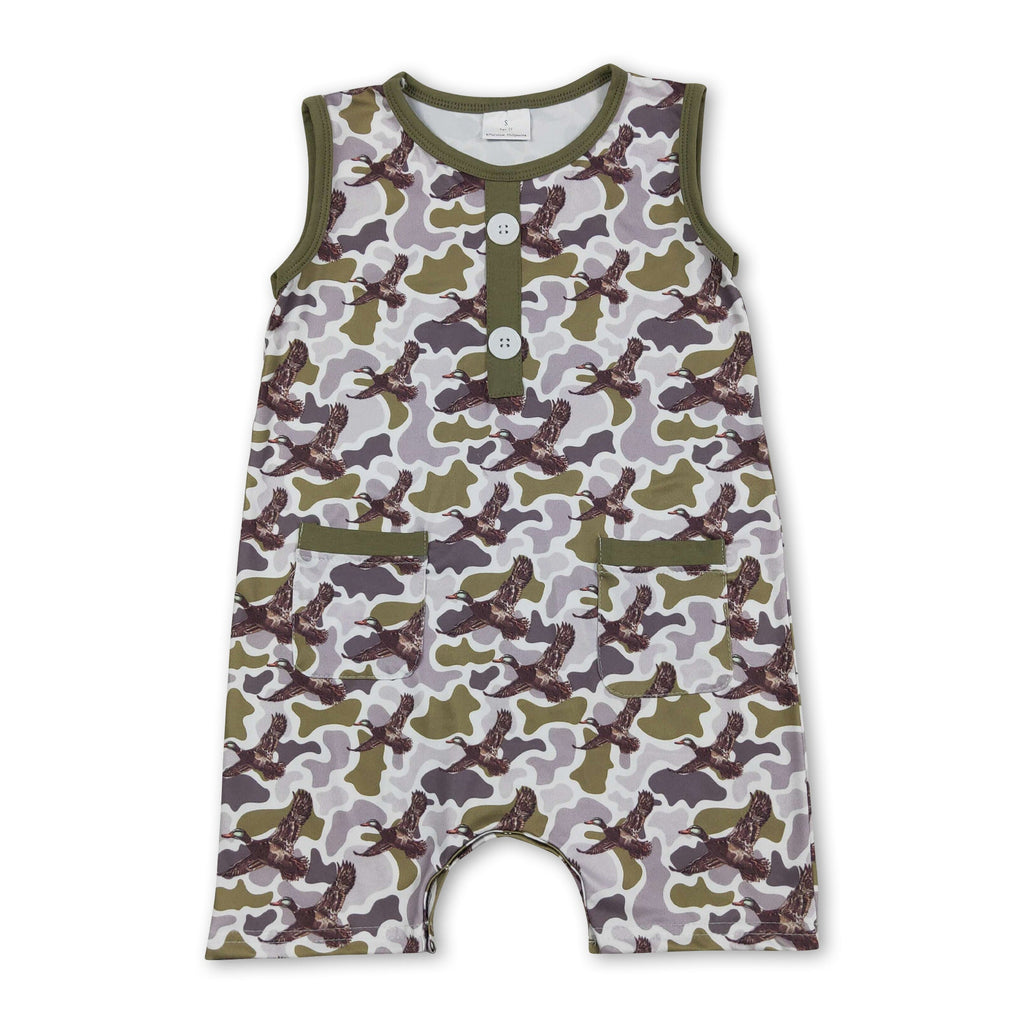 Sleeveless camo duck pockets baby boy summer romper