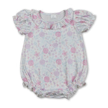 Load image into Gallery viewer, Short sleeves pink lavender floral ruffle baby girl romper