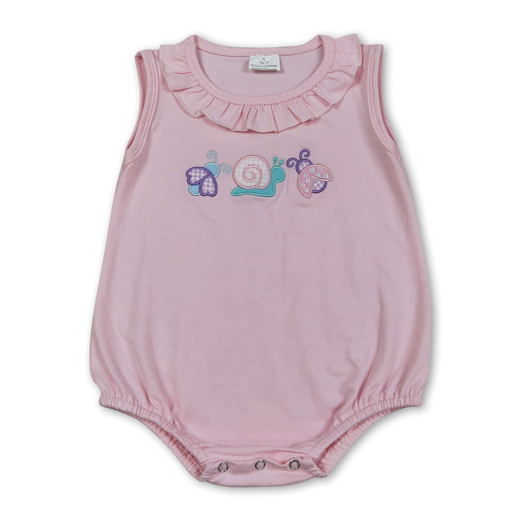 Ruffle sleeveless bee snails embroidery baby girls romper