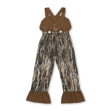 Load image into Gallery viewer, Deer embroidery brown ruffle camo kids girls jumpsuit