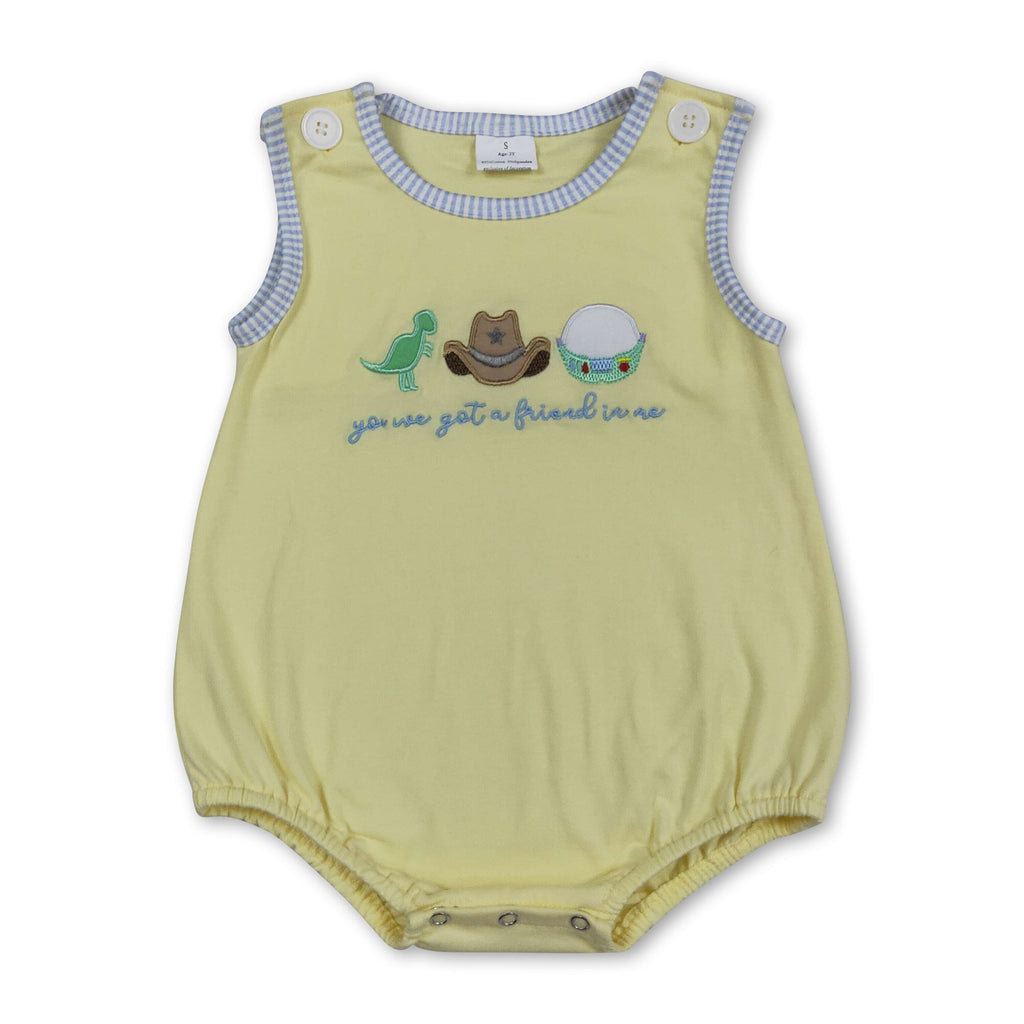 Yellow dinosaur embroidery baby boy summer romper