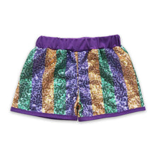 Load image into Gallery viewer, Purple gold green stripe sequin girls Mardi gras shorts