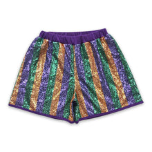 Load image into Gallery viewer, Purple gold green adult sequin mardi gras shorts