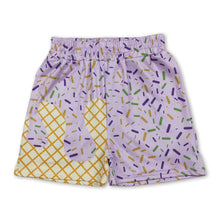 Load image into Gallery viewer, Purple yellow green ice cream sprinkle boy Mardi Gras shorts