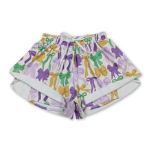 Load image into Gallery viewer, Purple green yellow bows women Mardi Gras active shorts