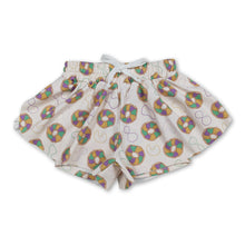 Load image into Gallery viewer, Purple green yellow donut kids girls Mardi Gras active shorts