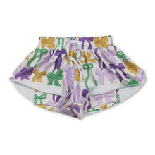 Load image into Gallery viewer, Purple green yellow bow kids girls Mardi Gras active shorts