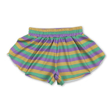 Load image into Gallery viewer, Purple green yellow stripe kids girls Mardi Gras active shorts