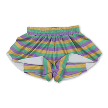 Load image into Gallery viewer, Purple green yellow stripe kids girls Mardi Gras active shorts