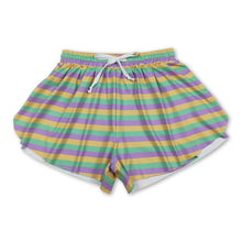 Load image into Gallery viewer, Purple green yellow stripe women Mardi Gras active shorts