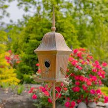 Load image into Gallery viewer, Copper Finish Metal Garden Birdhouse with Stake and Pole