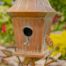 Load image into Gallery viewer, Copper Finish Metal Garden Birdhouse with Stake and Pole