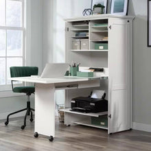 Load image into Gallery viewer, Drop Leaf Computer Desk Craft Table Armoire in White Wood Finish - Made in USA