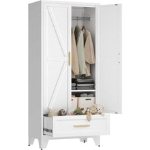 Load image into Gallery viewer, White 2-Door Wardrobe Armoire Cabinet with Storage Drawer and Hanging Rod