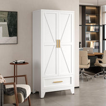Load image into Gallery viewer, White 2-Door Wardrobe Armoire Cabinet with Storage Drawer and Hanging Rod
