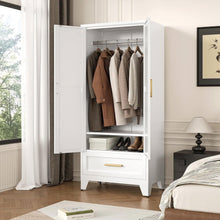 Load image into Gallery viewer, White 2-Door Wardrobe Armoire Cabinet with Storage Drawer and Hanging Rod